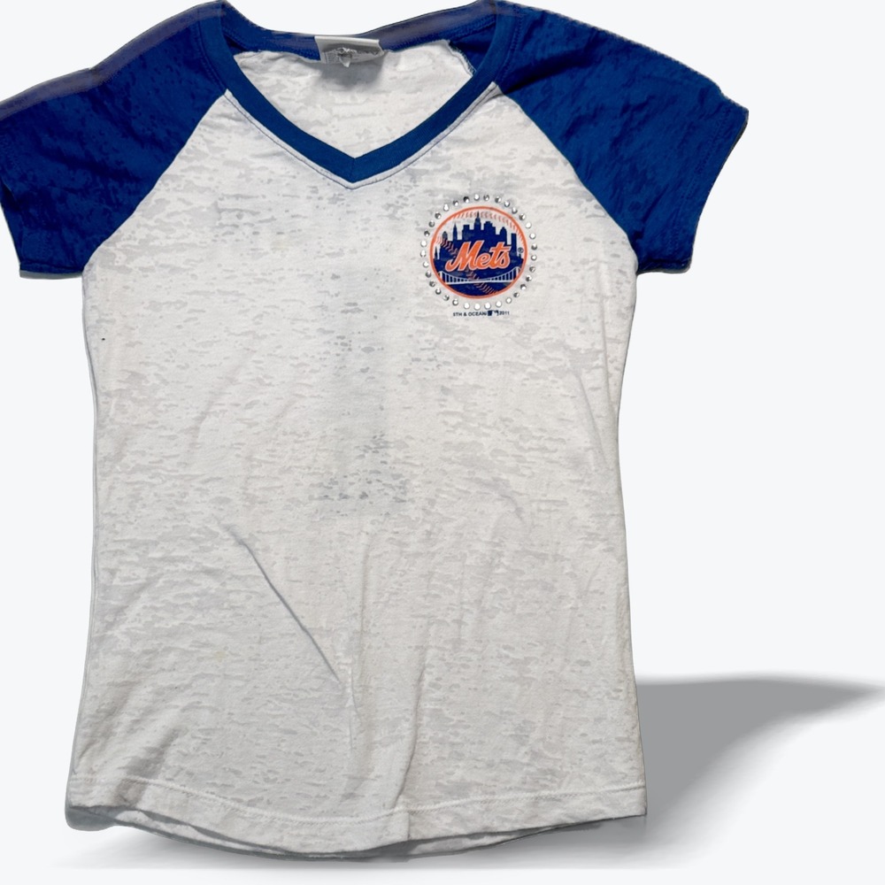 New York Mets Raglan T Shirt V Neck Burnout Rhinestones MLB 5th & Ocean Girls 8